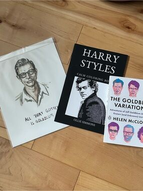 Harry Styles Calm Coloring Booku, The Goldblum Variations book, and portrait